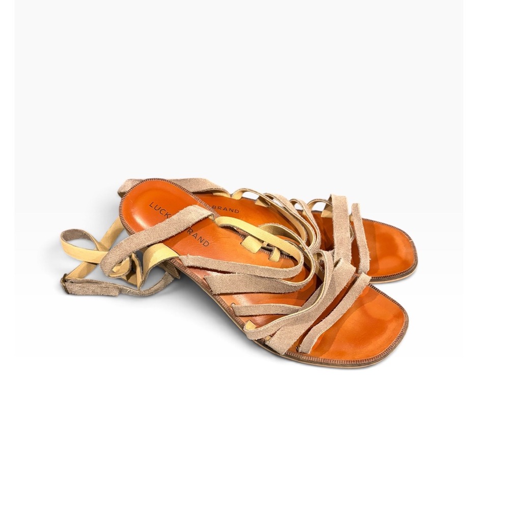 Lucky Brand Tan Suede Strappy Gladiator Sandals Women 9 9.5 Boho Flat Buckle